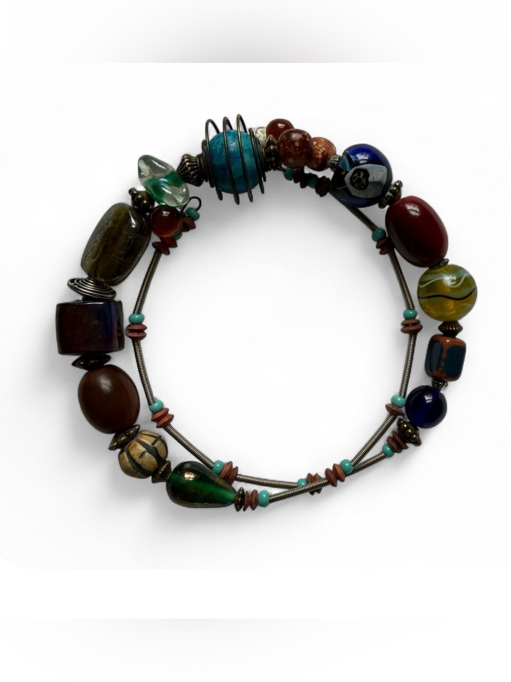 Treska bohemian memory wire wrap necklace multicolored glass stone bead choker